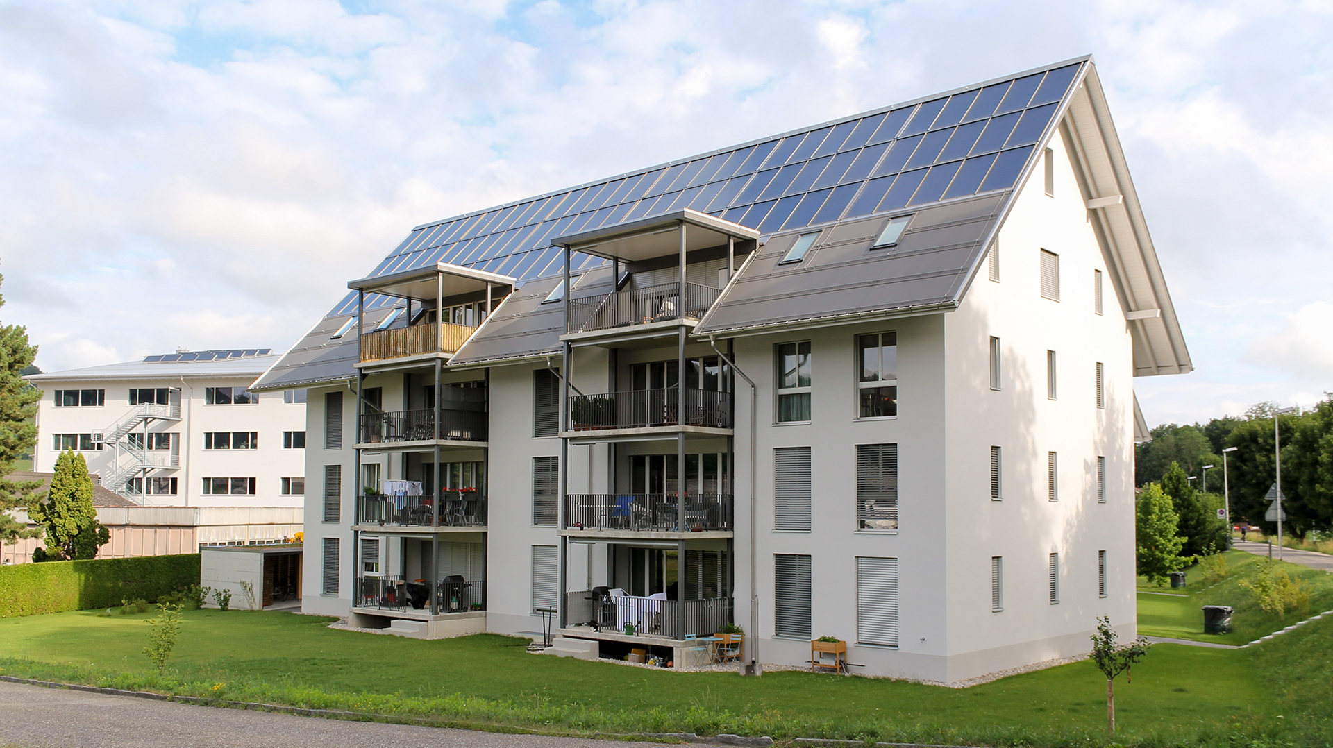 Apartment building with solar system on roof