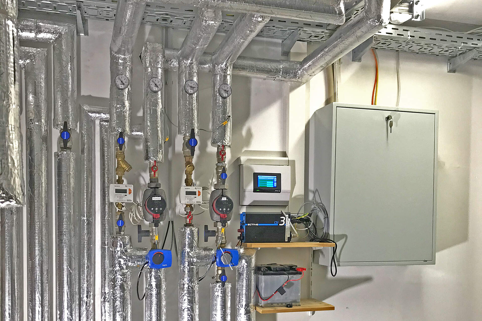 Isolierte Heizungs- und Warmwasserrohre, Regelung und Schalschrank an der Wand