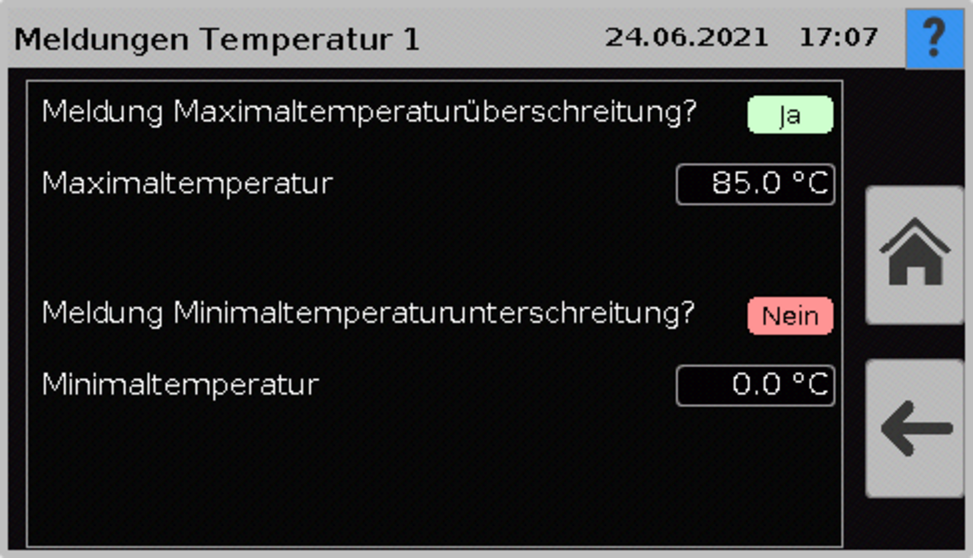 Seite mit Einstellungen für Meldungen Oberfläche am Touch-Display mit Einstellungen für Meldungen