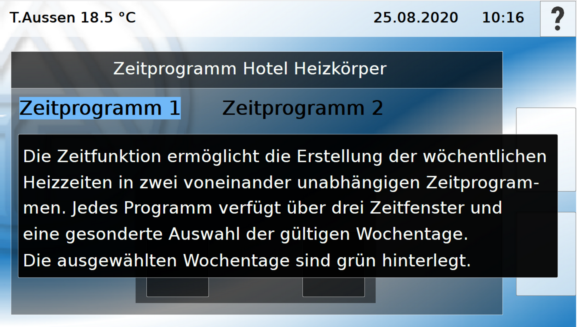Hilfeseite für die Einstellung der Zeitprogramme